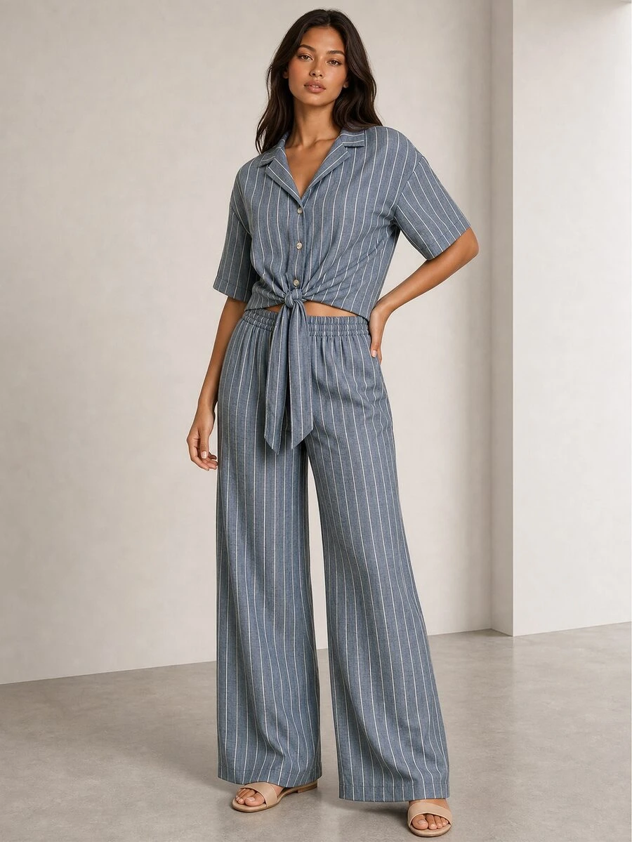 ELLERISSA Blue Pinstripe Collared Short Sleeve Tie Front Shirt & Wide Leg Pants Co-Ord Set - Blue - View 1