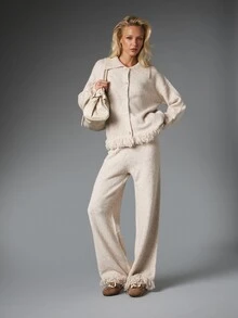 MISSGUIDED Oversized Knit Cardigan And Wide Leg Pants Co-Ord Set With Fringe Hem Collared Button Front Autumn Winter Matching Loungewear Two Pieces - Beige - View 3