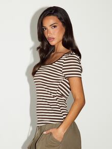 FASHION SZN Damen-T-Shirt mit Streifen, gestreiftes Ringer-T-Shirt, gestreiftes Top, T-Shirt, Ringer-T-Shirt, T-Shirt mit Kontrastbesatz, T-Shirt mit Kontrastkragen, Kurzarm-T-Shirt, Slim-Fit-T-Shirt, Lässig-T-Shirt, Alltags-Top, Herbst-Winter-Top, Übergangs-Top, Top zum Drunterziehen, Basic-Teil, -T-Shirt, Damen-T-Shirt, Tanktop - Verschiedenfarbig - Übersicht 5