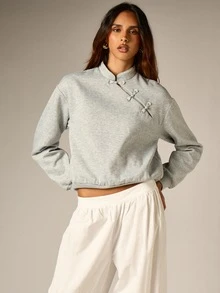 AiiRZ Chinese Frog Button Cropped Sweatshirt With Mandarin Collar And Long Sleeves Casual Pullover Top - Grey - View 1