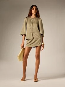 AiiRZ High Rise Sage Green Mini Shorts With Tie Waist Detail Smooth Woven Fabric Summer Holiday Vacation Resort Wear - Army Green - View 2