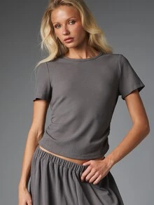 MISSGUIDED Ribbed Crop Top And Wide Leg Casual Pants Co-Ord Set With Elastic Waist Summer Two Piece Outfit - Dark Grey - View 5