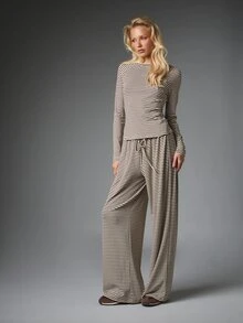 MISSGUIDED Striped Co-Ord Set Boat Neck Long Sleeve Crop Top And Wide Leg Drawstring Casual Pants Lounge Two Pieces Outfit - Multicolor - View 1