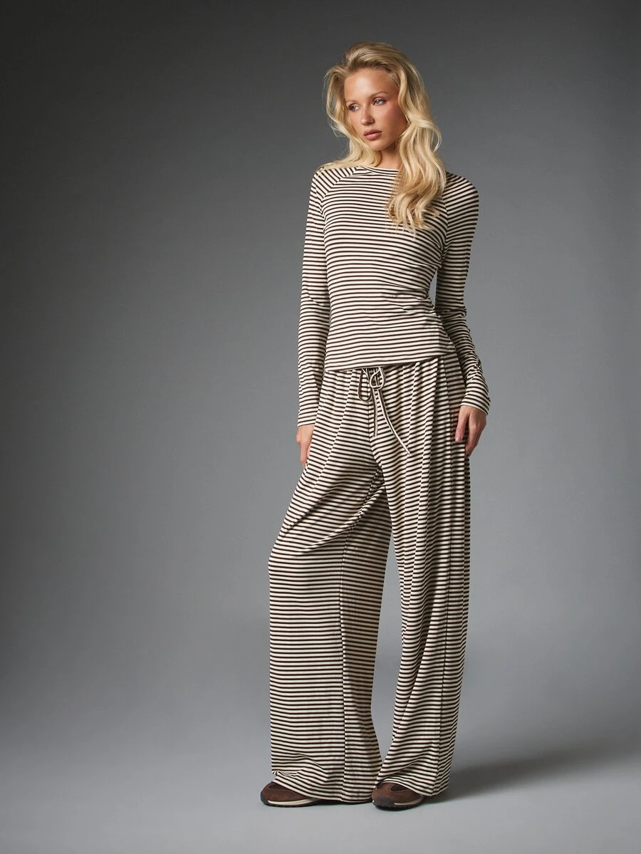 MISSGUIDED Striped Co-Ord Set Boat Neck Long Sleeve Crop Top And Wide Leg Drawstring Casual Pants Lounge Two Pieces Outfit - Multicolor - View 1