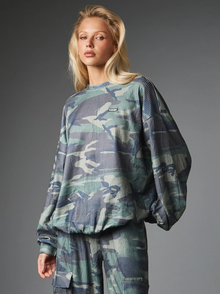 MISSGUIDED Oversized Waffle Knit Crew Neck Sweatshirt In Camo Print With Elasticated Hem And Long Sleeves Fall Winter Casual Style - Multicolor - View 1