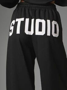 MISSGUIDED Wide Leg Drawstring Sweatpants With Bold Bum Print, Elastic Waist, Full Length, Relaxed Casual Fit - Black - View 4