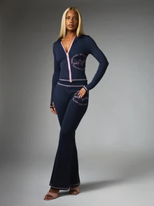 BABYPHAT Flared Pants With Circular Logo Print And Pink Rhinestone Contrast Trim Full Length Mid Rise Stretch Casual Bottoms - Navy Blue - View 5
