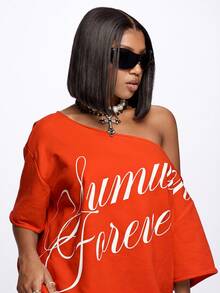 SUMWON WOMEN Summer Forever Script Print Oversized Off-Shoulder T-Shirt Dress With Raw Hem And Short Sleeves - Red - View 3