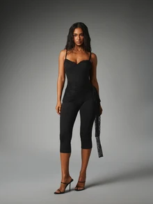 MISSGUIDED Lace Trim Sweetheart Neckline Sleeveless Unitard With Spaghetti Straps Form Fitting Cropped Leggings Set Night Out Party Look - Black - View 5