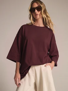 KSTM Oversized Crew Neck Boxy T-Shirt With 3/4 Sleeves High-Low Hem Solid Relaxed Fit Casual Top Autumn Winter Essential - Purple - View 5