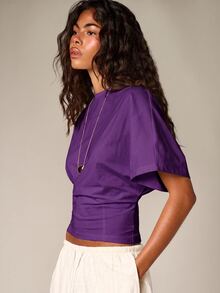 AiiRZ Cropped Boxy Tee With Ruched Waist Detail And Round Neckline, Short Flutter Sleeves, Summer Holiday Casual Top - Purple - View 4