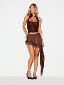 KIZN Lace Halter Crop Top With Scallop Trim And Open Back Party Night Out Festival Summer Style - Chocolate Brown - View 3