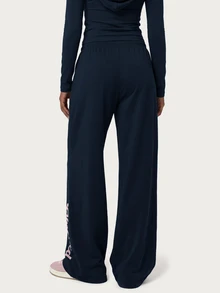 MISSGUIDED TEEN Wide Leg Lounge Pants With Vertical Script Print On Hem Drawstring Elastic Waist Relaxed Fit Casual Trouser - Navy Blue - View 2