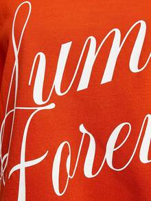 SUMWON WOMEN Summer Forever Script Print Oversized Off-Shoulder T-Shirt Dress With Raw Hem And Short Sleeves - Red - View 4