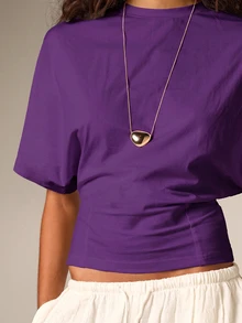 AiiRZ Cropped Boxy Tee With Ruched Waist Detail And Round Neckline, Short Flutter Sleeves, Summer Holiday Casual Top - Purple - View 5