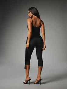 MISSGUIDED Lace Trim Sweetheart Neckline Sleeveless Unitard With Spaghetti Straps Form Fitting Cropped Leggings Set Night Out Party Look - Black - View 3