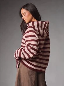 MISSGUIDED Oversized Striped Knit Zip-Up Hoodie Sweater With Full Zip Closure Ribbed Hem Balloon Sleeves And Front Pockets Fall Winter Cozy Essential - Dusty Pink - View 3