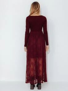 Pimkie Edition Women's Solid Color Round Neck Long Sleeve Lace Hem Elegant Dress - Burgundy - View 2