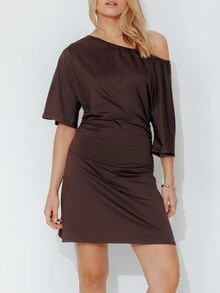 Pimkie Edition Women's Korean Style Asymmetrical Shoulder Pleated Dress For Date And Vacation - Coffee - View 4