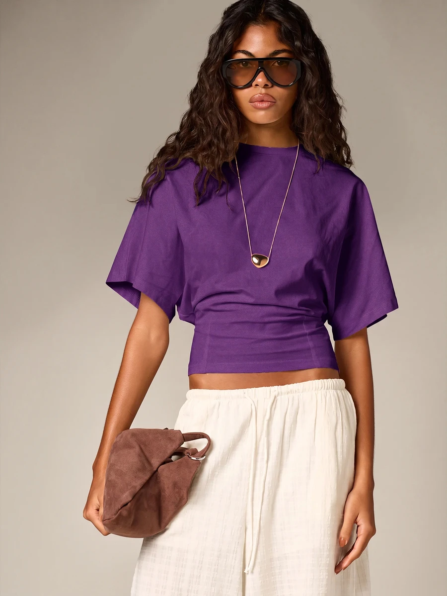 AiiRZ Cropped Boxy Tee With Ruched Waist Detail And Round Neckline, Short Flutter Sleeves, Summer Holiday Casual Top - Purple - View 1