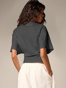AiiRZ Cropped Boxy T-Shirt Top With Round Neck And Short Flutter Sleeves Ruched Waist Detail Summer Casual Chic Style - Grey - View 2