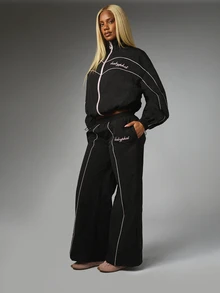 BABYPHAT Women's Striped Colorblock Embroidered Loose Long Pants For Daily Wear - Black - View 3