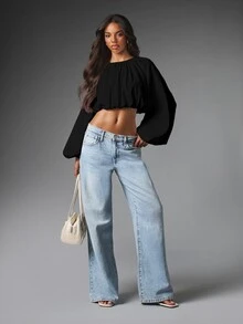 MISSGUIDED ملابس علوية قصيرة بأكمام بالون مع ياقة مجمعة وحافة مطاطية - ملابس علوية قصيرة فضفاضة لمناسبات الربيع والصيف - الأسود - مشاهدة 3