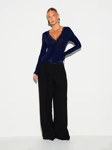 KIZN Long Sleeve V-Neck Top With Lace Trim Neckline And Hem, Fitted Stretch Jersey, Scalloped Lace Detail, Fall Winter Essential - Navy Blue - View 3