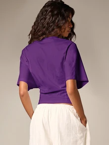 AiiRZ Cropped Boxy Tee With Ruched Waist Detail And Round Neckline, Short Flutter Sleeves, Summer Holiday Casual Top - Purple - View 2