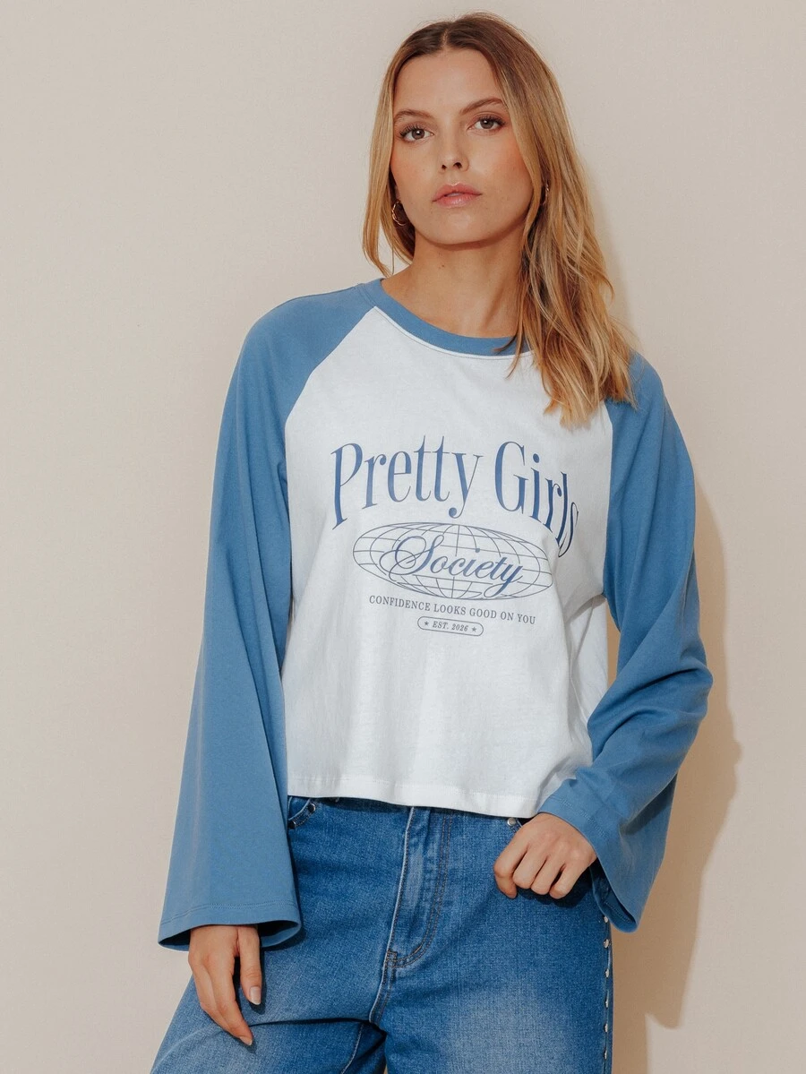 Pimkie Edition Women's Casual Letter Print Contrast Color Long Sleeve T-Shirt - Blue and White - View 1