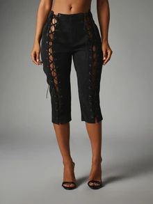 MISSGUIDED High Rise Cropped Capri Pants With Lace-Up Side Grommet Eyelet Detail And Split Hem For Summer Festivals And Edgy Night Out Party - Black - View 1