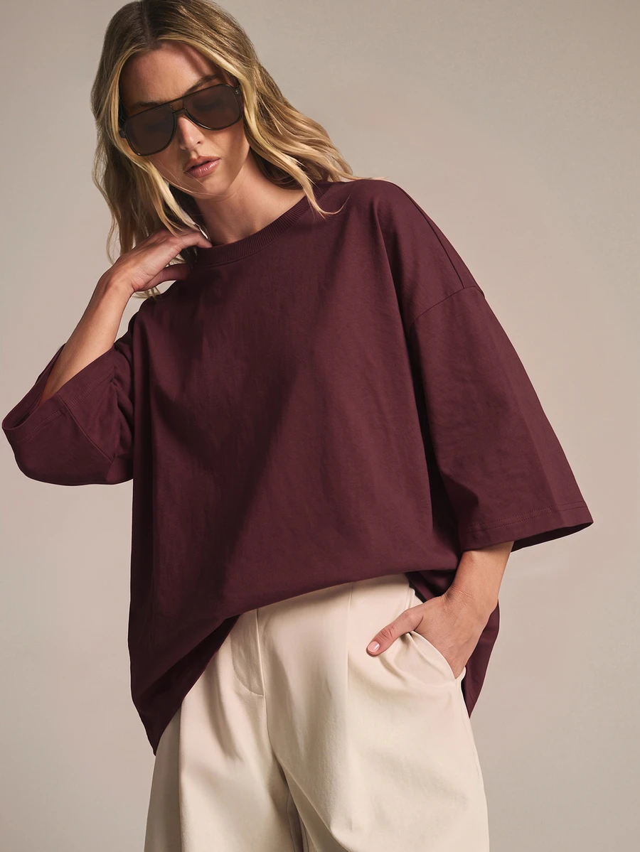 KSTM Oversized Crew Neck Boxy T-Shirt With 3/4 Sleeves High-Low Hem Solid Relaxed Fit Casual Top Autumn Winter Essential - Purple - View 1