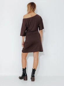 Pimkie Edition Women's Korean Style Asymmetrical Shoulder Pleated Dress For Date And Vacation - Coffee - View 2