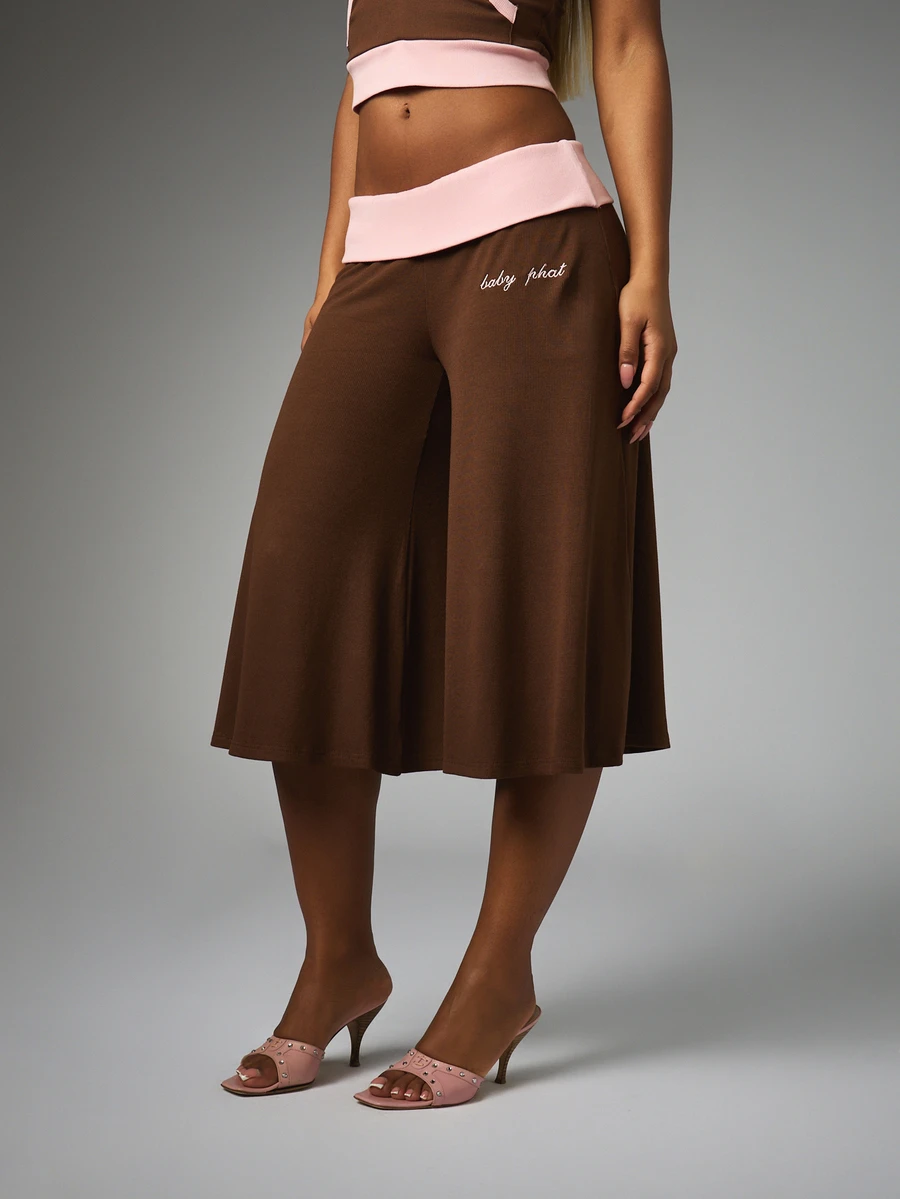 BABYPHAT Women's Embroidered Contrast Color Loose 7/8 Pants Streetwear - Coffee Brown - View 1