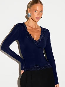 KIZN Long Sleeve V-Neck Top With Lace Trim Neckline And Hem, Fitted Stretch Jersey, Scalloped Lace Detail, Fall Winter Essential - Navy Blue - View 1