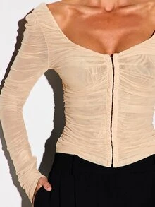 KIZN Ruched Mesh Long Sleeve Top With Sweetheart Neckline Hook And Eye Front Closure Open Back Corset Style Fitted Blouse Party Night Out - Cream - View 2