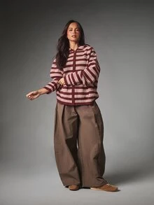 MISSGUIDED Oversized Striped Knit Zip-Up Hoodie Sweater With Full Zip Closure Ribbed Hem Balloon Sleeves And Front Pockets Fall Winter Cozy Essential - Dusty Pink - View 4