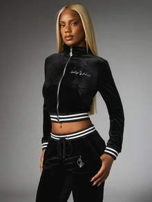 BABYPHAT Sweatshirt Velour Slim Fit dengan Kerah Funnel, Ritsleting Depan dan Aksen Tipping - Hitam - View 1
