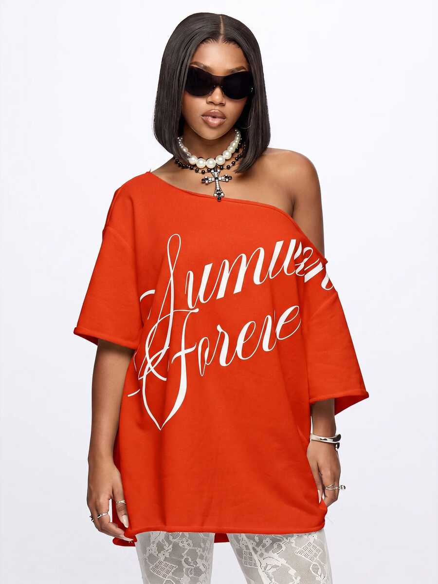 SUMWON WOMEN Summer Forever Script Print Oversized Off-Shoulder T-Shirt Dress With Raw Hem And Short Sleeves - Red - View 1