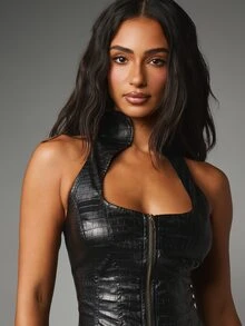 MISSGUIDED Atasan Korset Halter Kulit Imitasi Motif Buaya Timbul dengan Resleting Depan, Model Racerback, Struktur Bertulang, Potongan Pendek untuk Pesta Malam Hari - Hitam - View 4