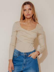 Pimkie Edition Women's Solid Color Sweetheart Neckline Criss-Cross Design Casual Bodysuit - Beige - View 1