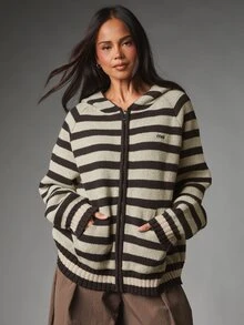 MISSGUIDED Striped Knit Zip-Up Hoodie Oversized Sweater With Full Zip Closure Ribbed Hem And Cuffs Cozy Fall Winter Layering Essential - Chocolate Brown - View 5
