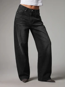 MISSGUIDED Wide Leg Barrel Jeans With Relaxed Fit, Mid Rise Waist, Five Pocket Style, Faded Washed Denim, Perfect For Fall Winter Casual Everyday Wear - Black - View 1