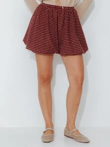 Pimkie Edition Women's Plaid Elastic Waist Loose Tulip Shorts - Red - View 4