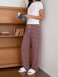 MISSGUIDED TEEN Striped Wide Leg Lounge Pants With Drawstring Waist Cozy Soft Knit Flare Bottom Pull On Pajama Style Trousers - Brown - View 6
