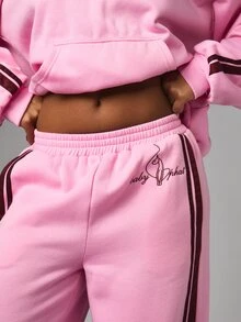 BABYPHAT بنطال رياضي واسع الساق مع تفاصيل خط جانبي وشعار مطرز وخصر مطاطي بنطال كاجوال للاسترخاء - وردي - مشاهدة 4