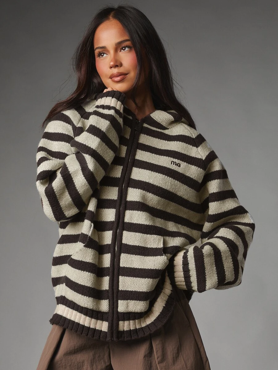 MISSGUIDED Striped Knit Zip-Up Hoodie Oversized Sweater With Full Zip Closure Ribbed Hem And Cuffs Cozy Fall Winter Layering Essential - Chocolate Brown - View 1