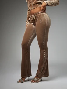 BABYPHAT Velvet Flared Flare Leg Low Rise Drawstring Tracksuit Pants With Rhinestone Stud Side Detail And Logo Script Back Print - Coffee Brown - View 1