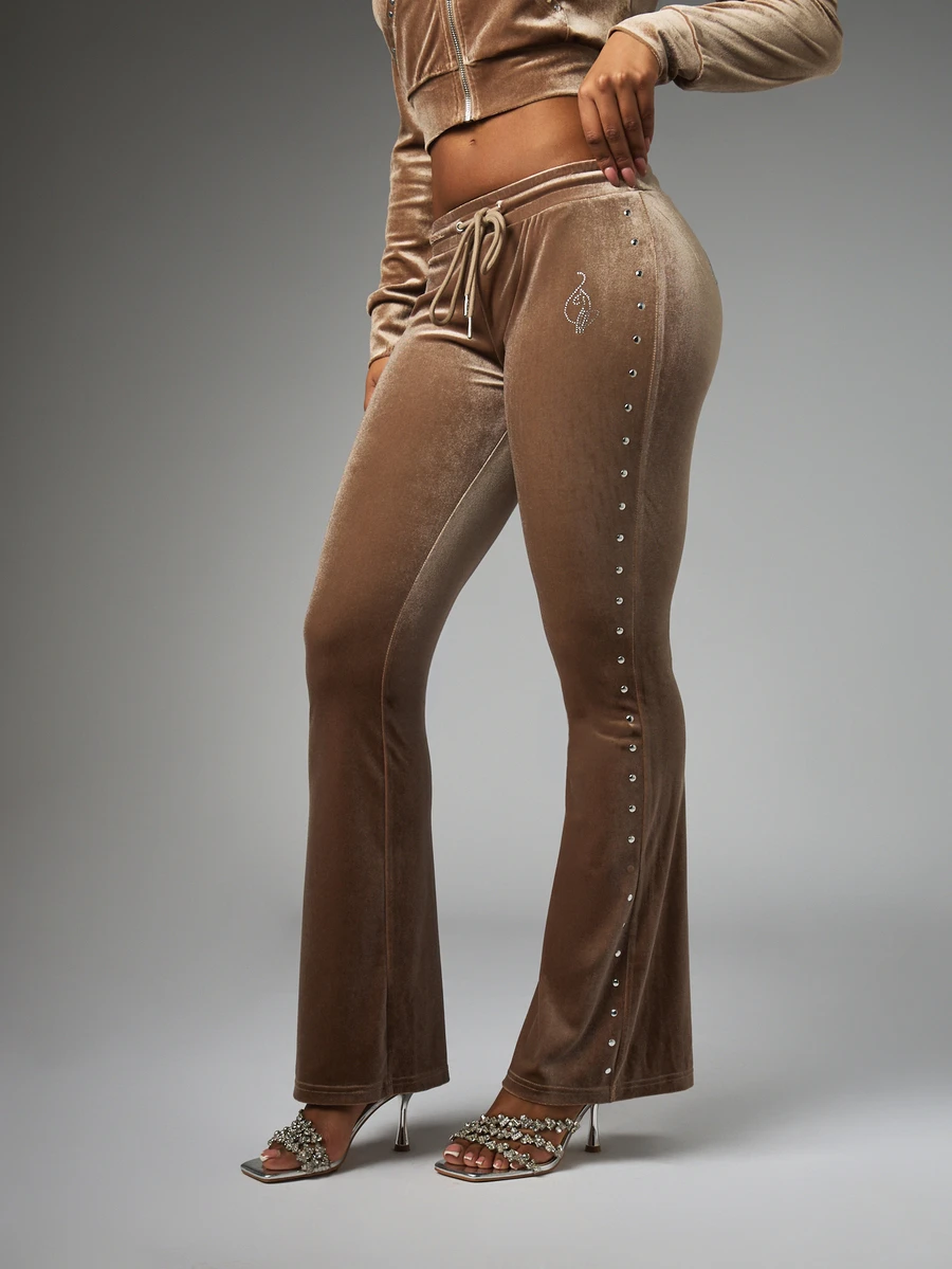 BABYPHAT Velvet Flared Flare Leg Low Rise Drawstring Tracksuit Pants With Rhinestone Stud Side Detail And Logo Script Back Print - Coffee Brown - View 1