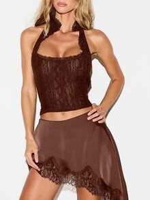 KIZN Lace Halter Crop Top With Scallop Trim And Open Back Party Night Out Festival Summer Style - Chocolate Brown - View 5